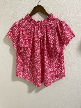 THML Boutique Flutter Sleeve Pink Printed Blouse with High Neckline